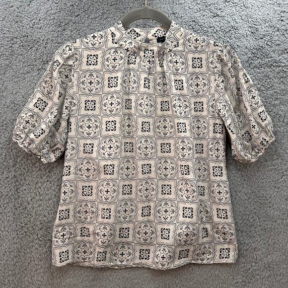 Ann Taylor XS Short Sleeve Shirt Mock Neck Black White Lined Timeless - Picture 1 of 9